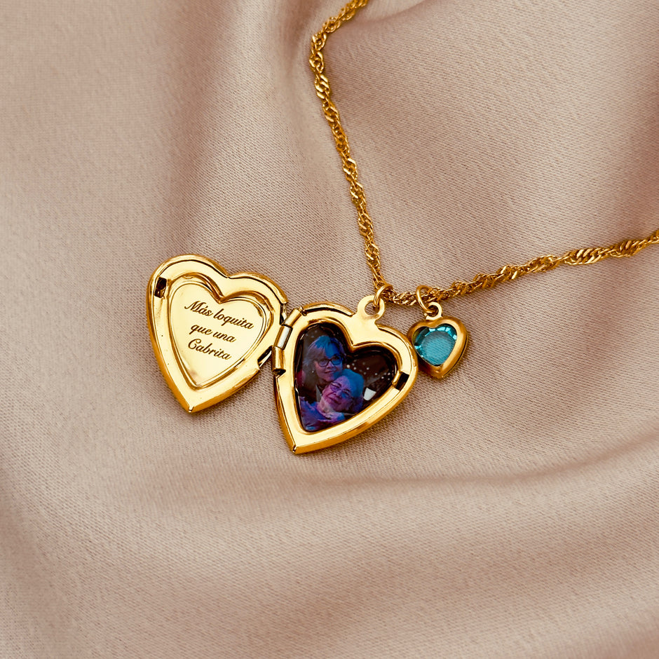 Relicario grabado a láser con foto y dije corazon (19 mm)